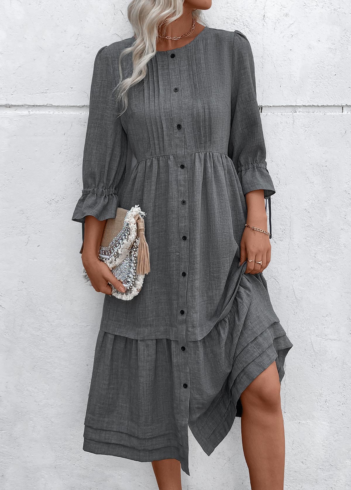 Dark Grey Marl dresses,Plain Color dresses,Everyday dresses,Casual dresses,ROTITA Button Dark Grey Marl A Line Round Neck Dress