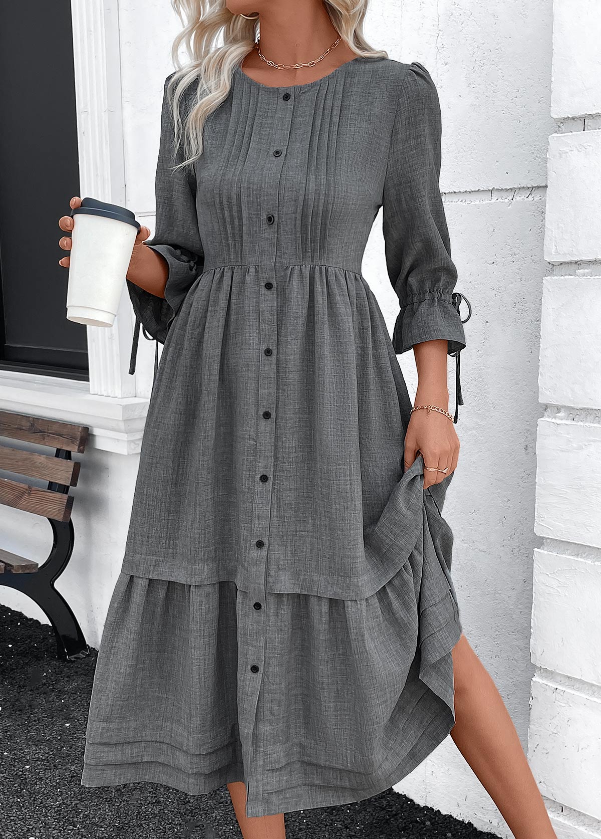 Dark Grey Marl dresses,Plain Color dresses,Everyday dresses,Casual dresses,ROTITA Button Dark Grey Marl A Line Round Neck Dress