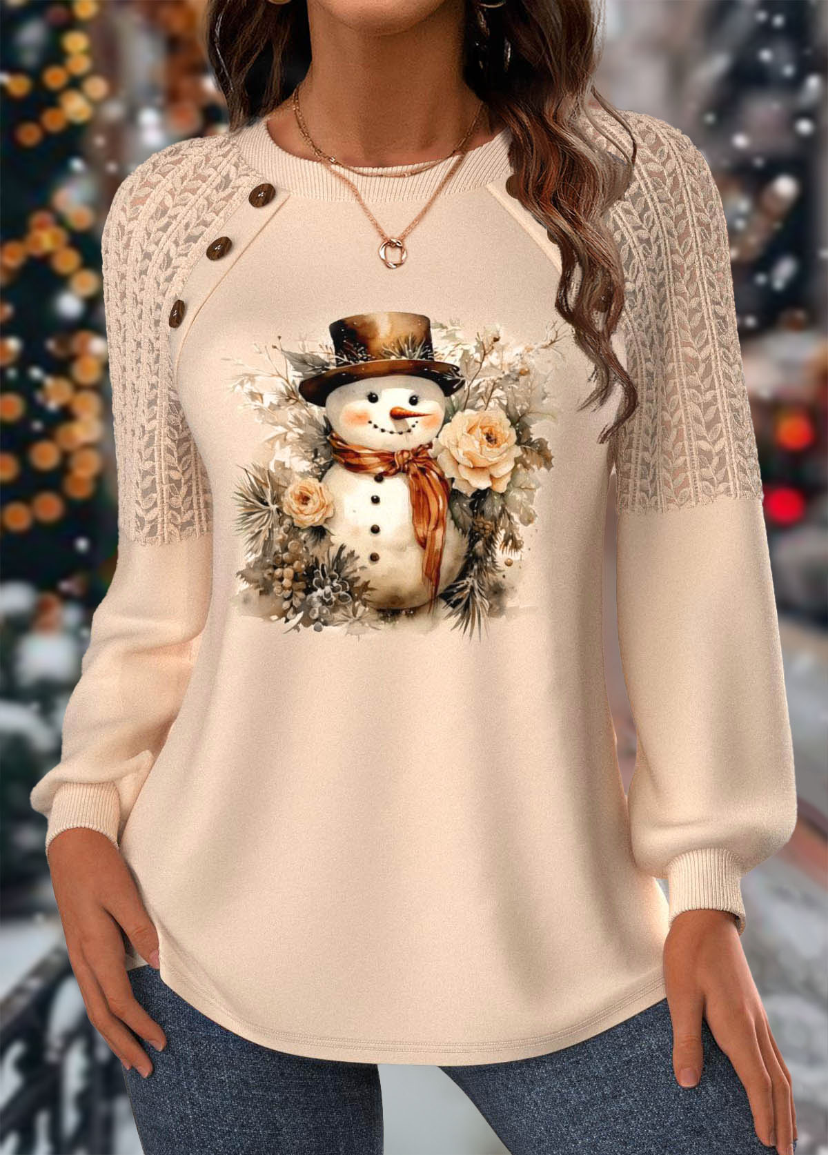 Skin Color tops,Christmas tops,ROTITA Christmas Lace Skin Color Round Neck Long Sleeve Sweatshirt