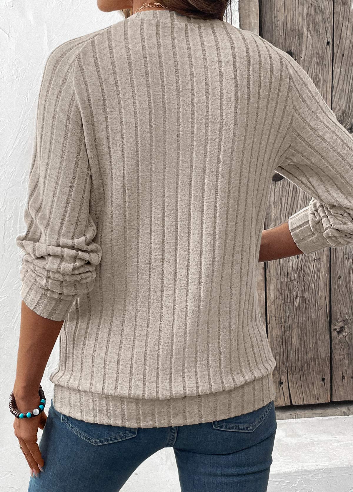 Light Coffee tops,Plain Color tops,ROTITA Patchwork Light Coffee Round Neck Long Sleeve Sweatshirt