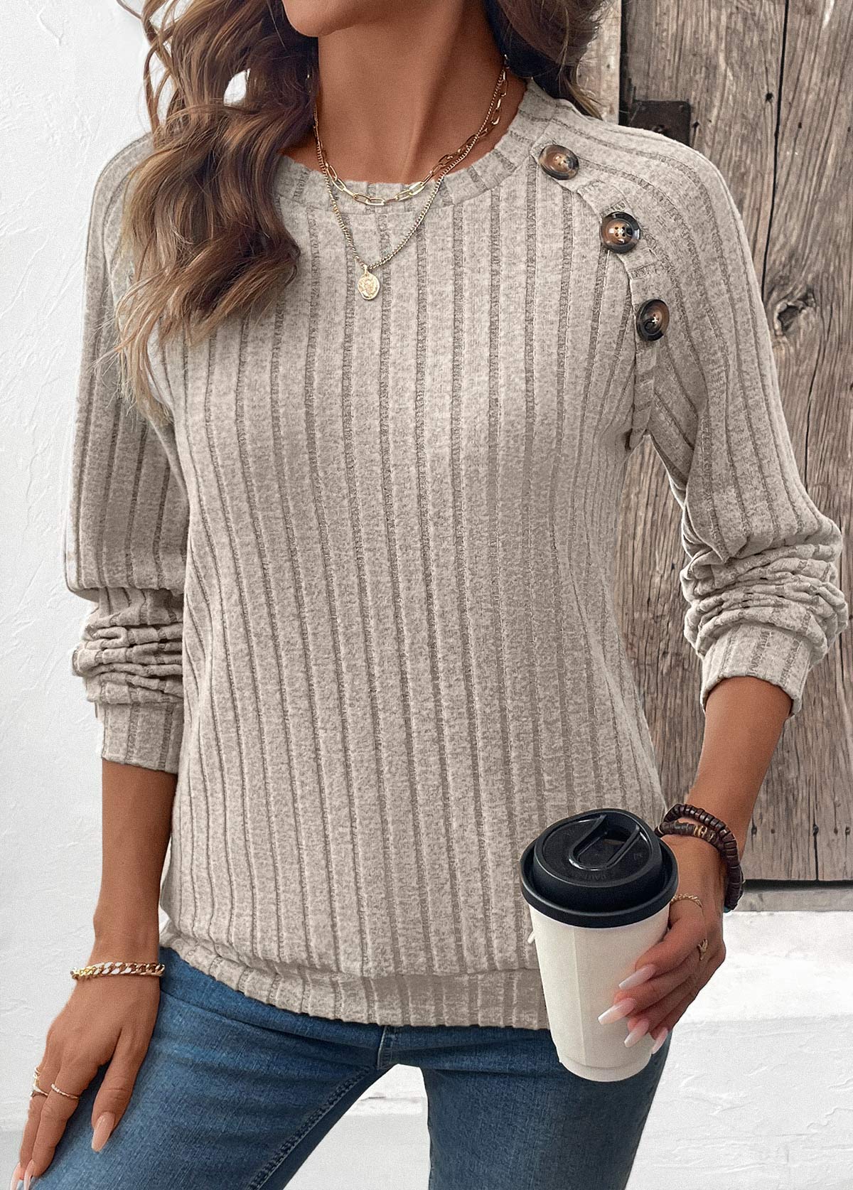 Light Coffee tops,Plain Color tops,ROTITA Patchwork Light Coffee Round Neck Long Sleeve Sweatshirt