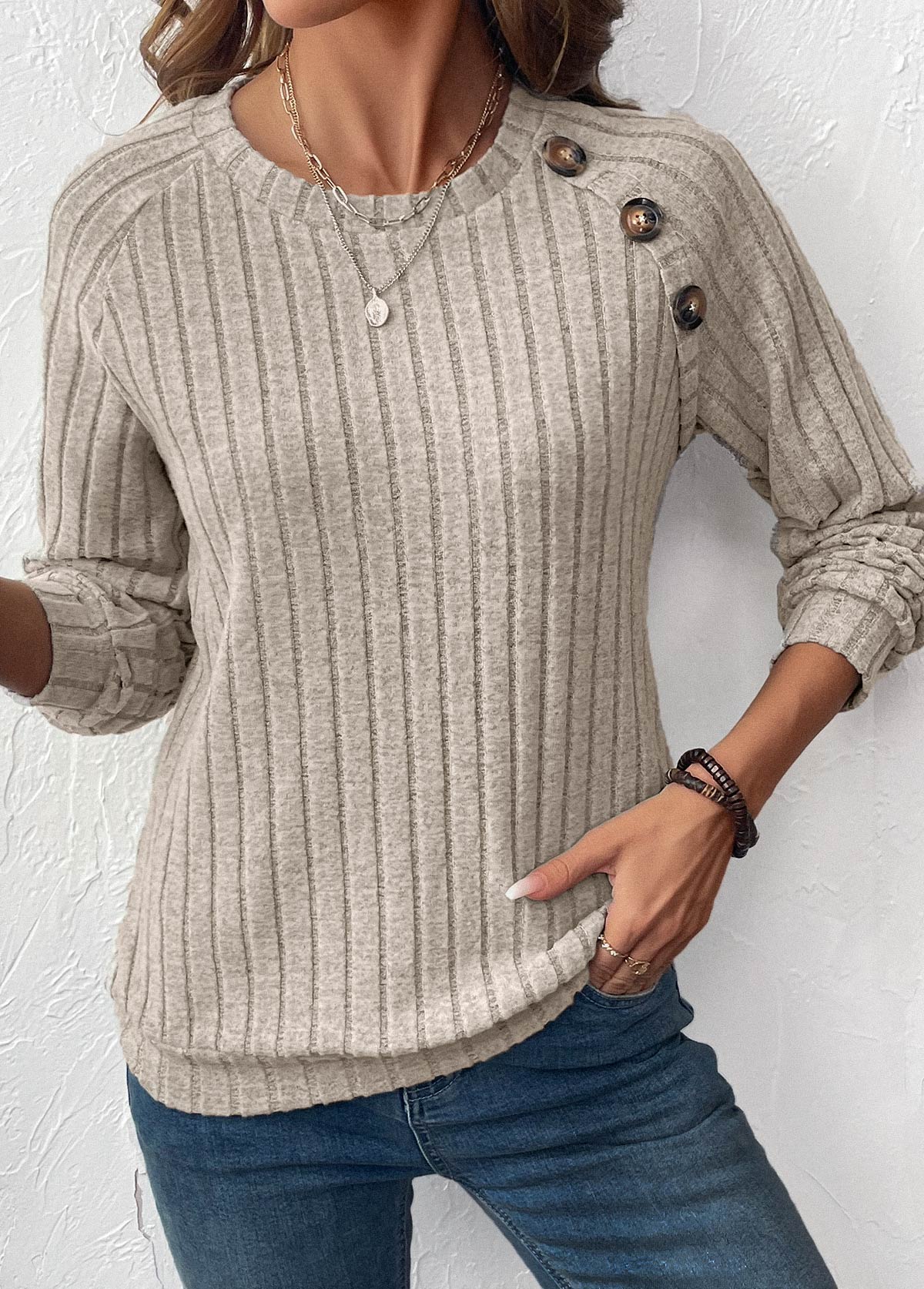 Light Coffee tops,Plain Color tops,ROTITA Patchwork Light Coffee Round Neck Long Sleeve Sweatshirt