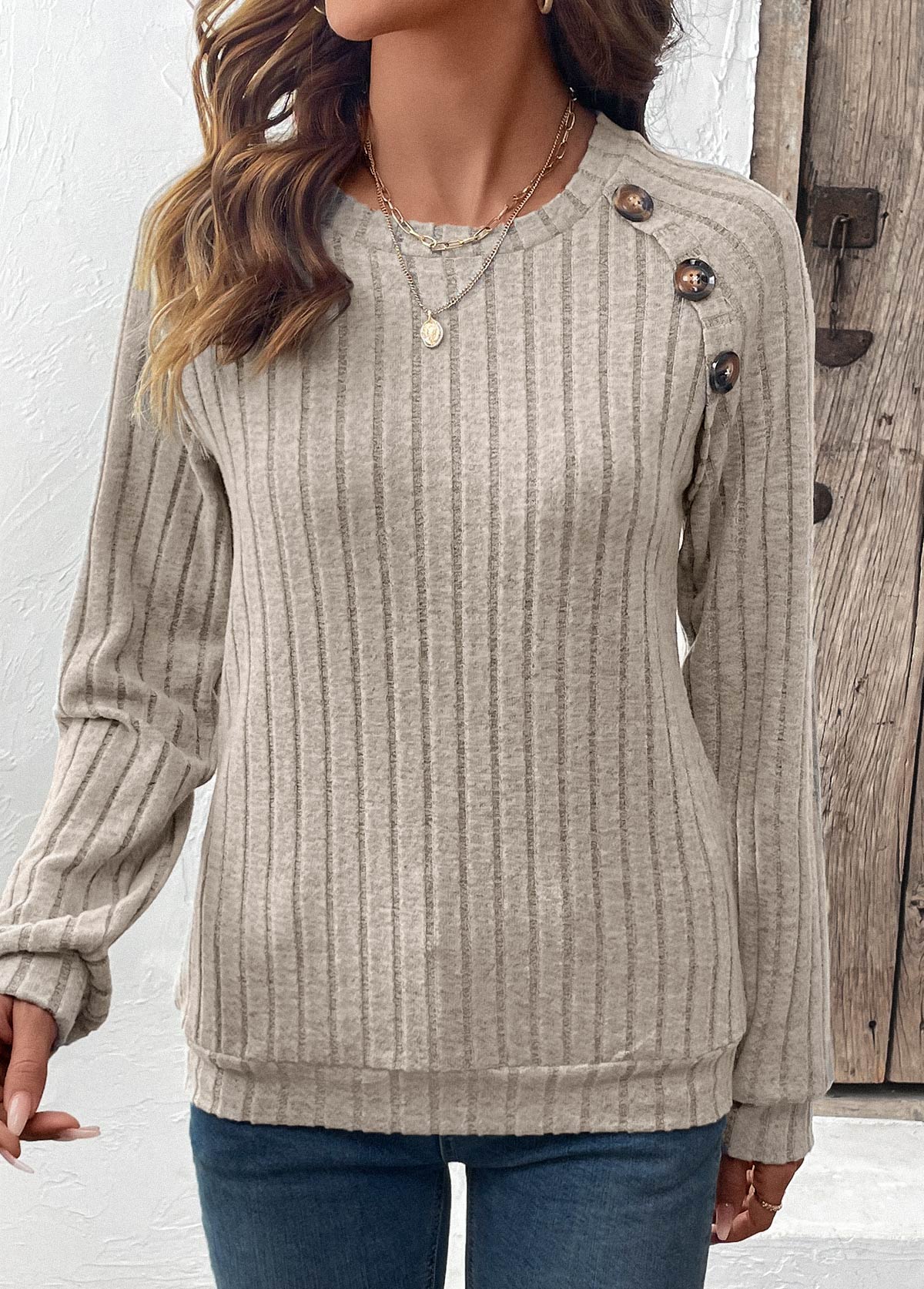 Light Coffee tops,Plain Color tops,ROTITA Patchwork Light Coffee Round Neck Long Sleeve Sweatshirt
