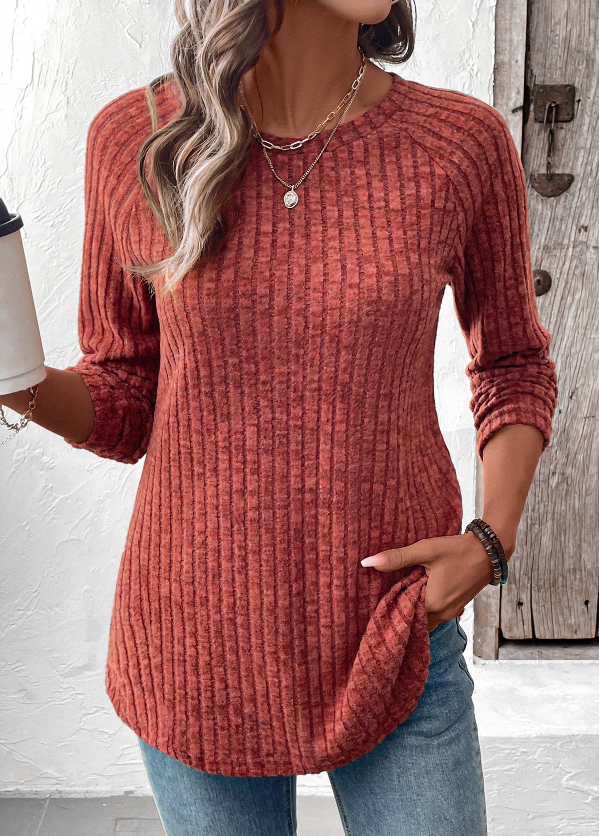 Brick Red tops,Plain Color tops,ROTITA Curved Hem Brick Red Round Neck T Shirt