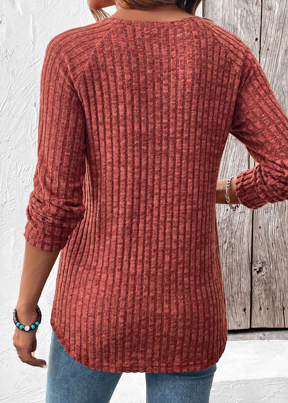 Brick Red tops,Plain Color tops,ROTITA Curved Hem Brick Red Round Neck T Shirt