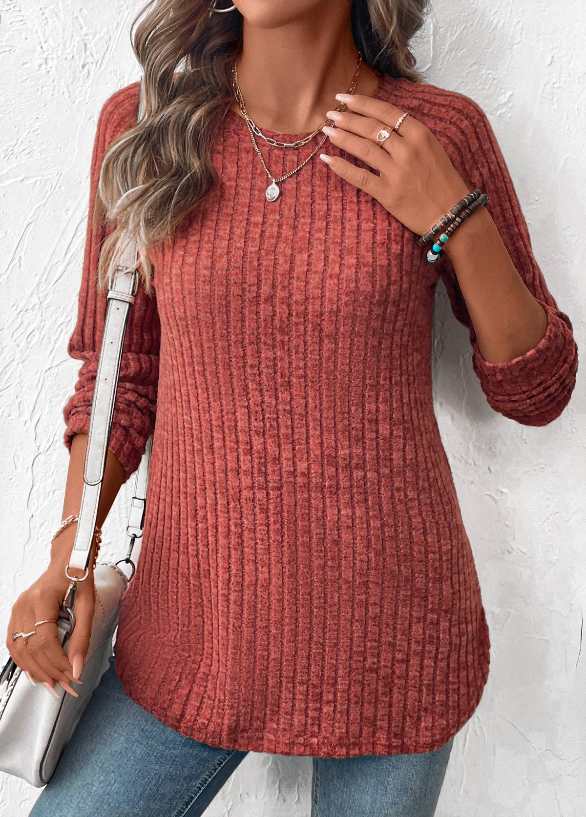 Brick Red tops,Plain Color tops,ROTITA Curved Hem Brick Red Round Neck T Shirt