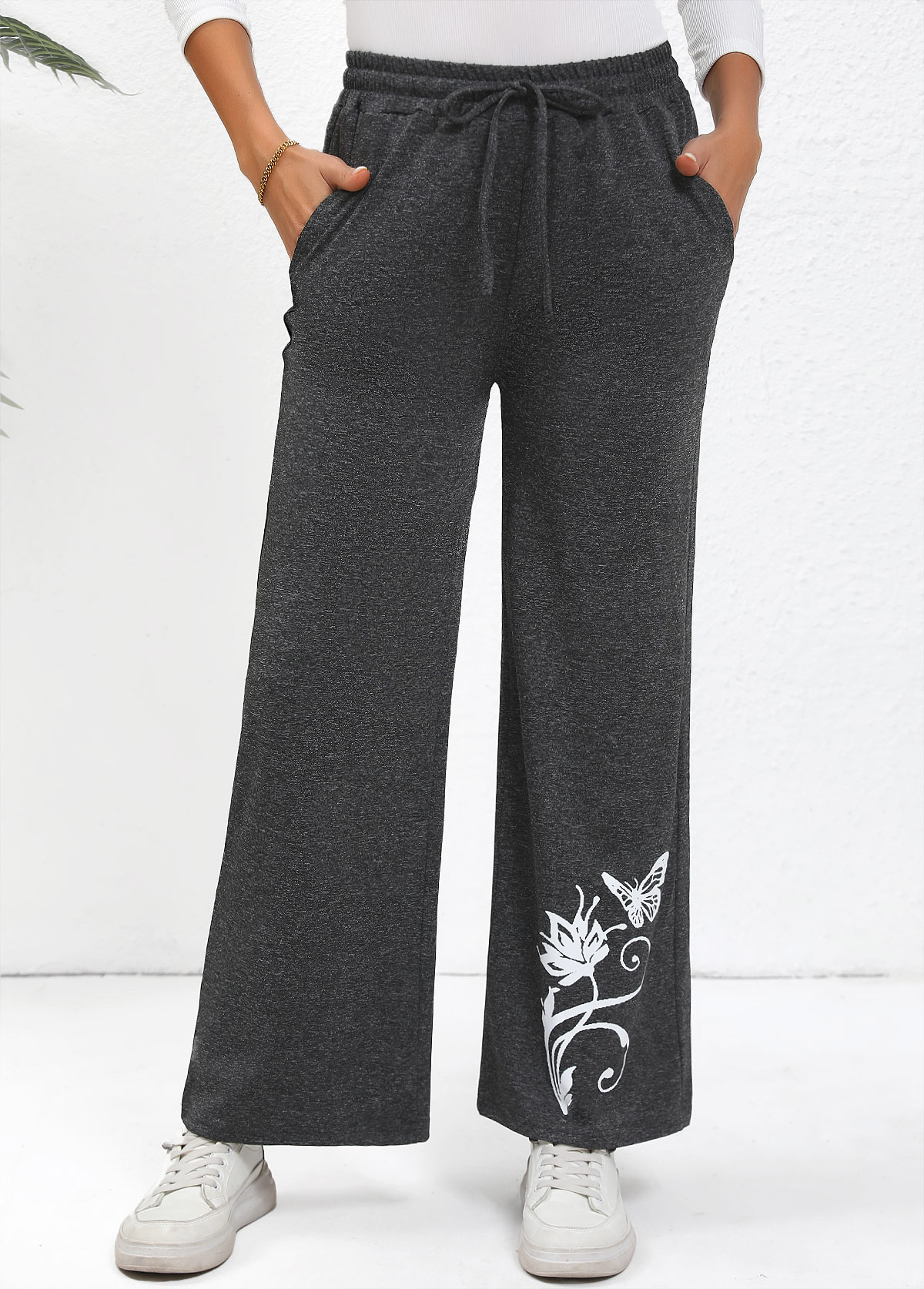 Dark Grey bottoms,Animal Print bottoms,Drawstring Butterfly Print Dark Grey Wide Leg Pants