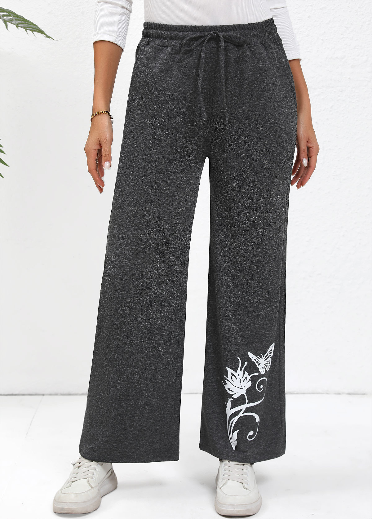 Dark Grey bottoms,Animal Print bottoms,Drawstring Butterfly Print Dark Grey Wide Leg Pants