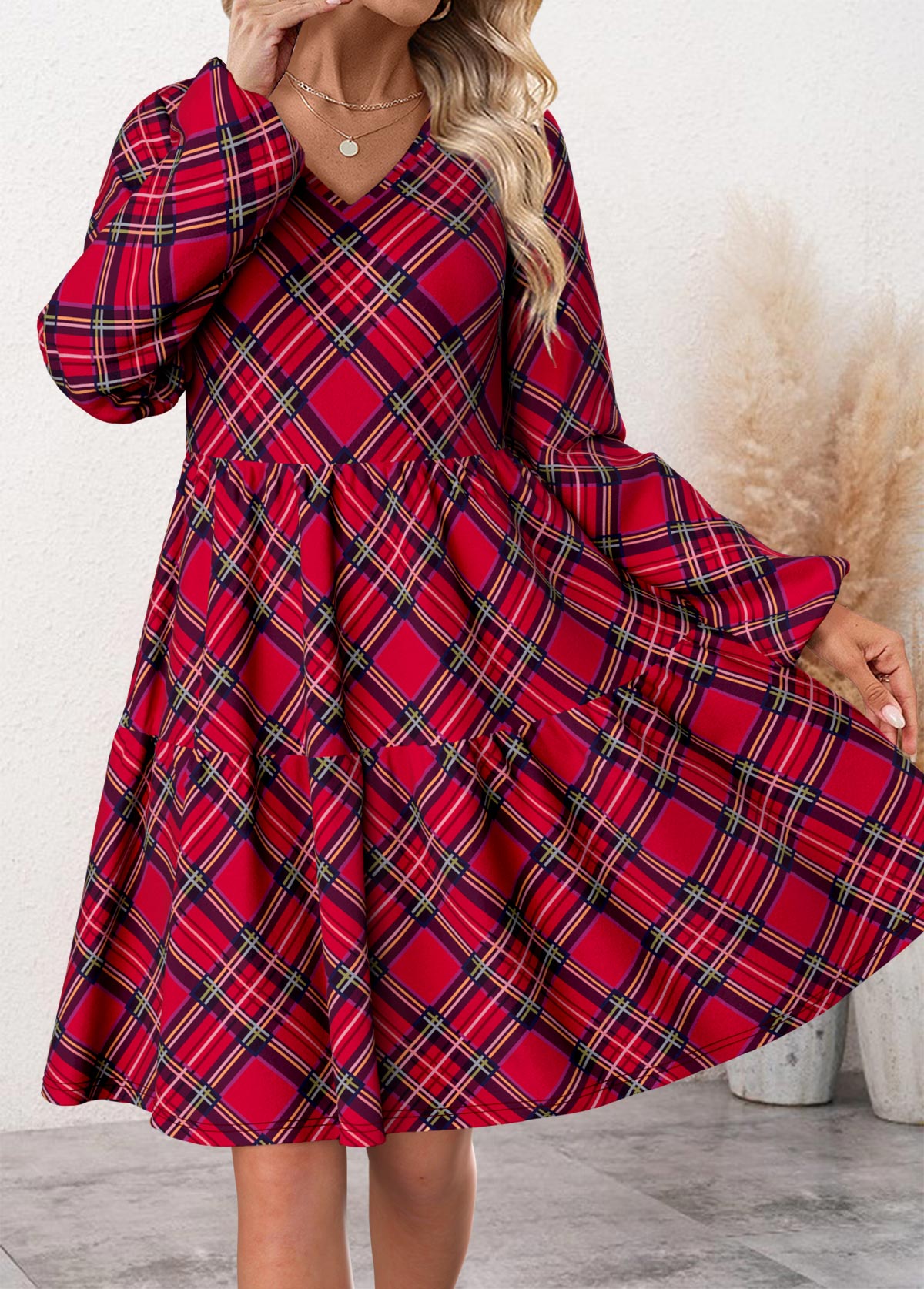 robe à manches longues et col en V à carreaux patchwork rotita rouge vin
