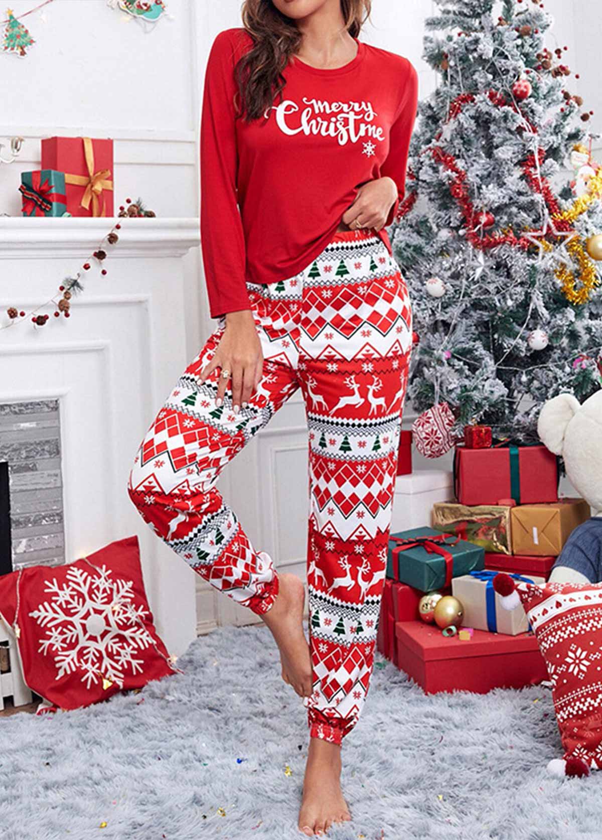 Red loungewear,Christmas loungewear,Letter loungewear,Christmas Red Round Neck Lounge Top and Pants