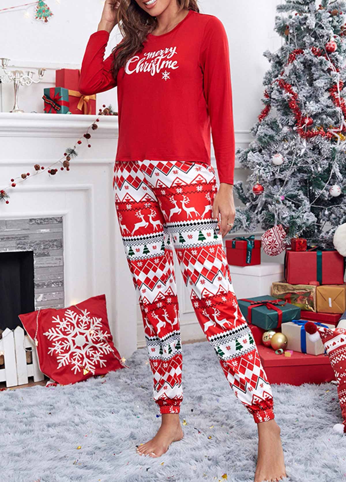 Red loungewear,Christmas loungewear,Letter loungewear,Christmas Red Round Neck Lounge Top and Pants