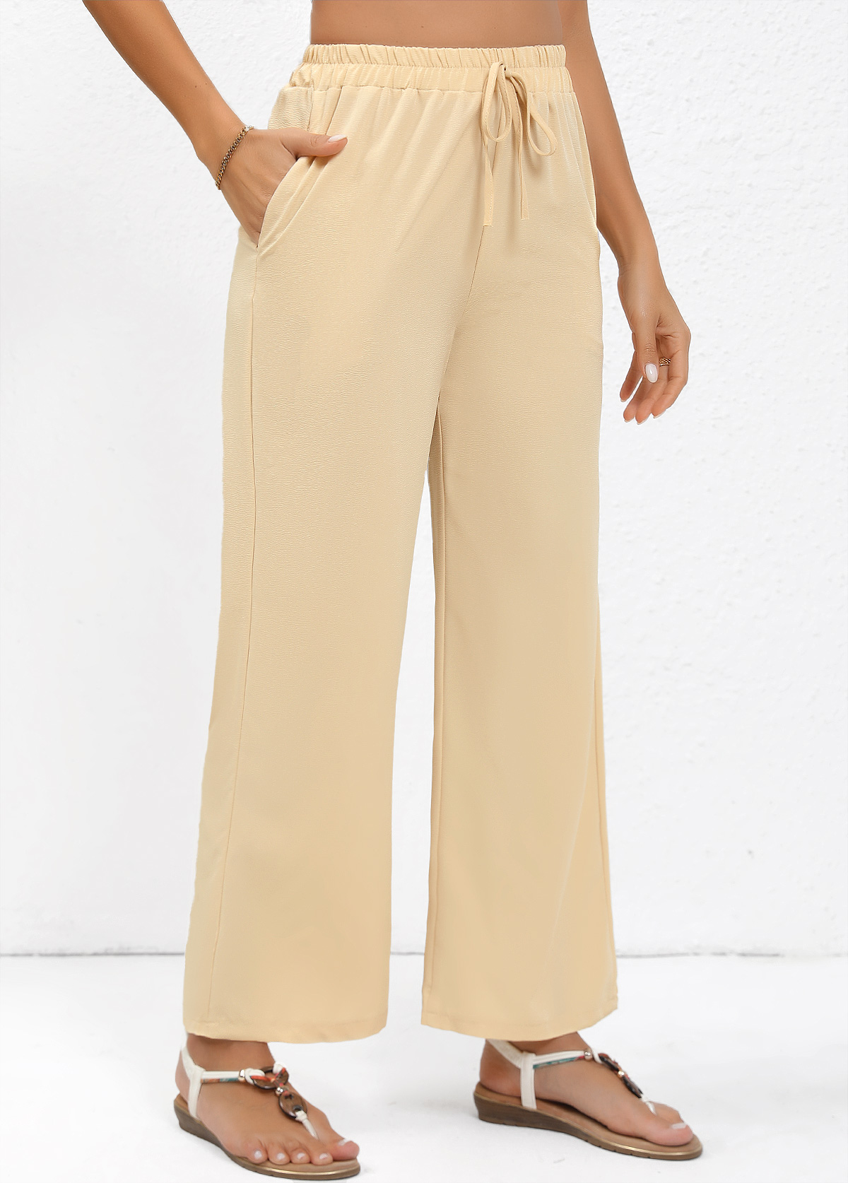 Light Coffee bottoms,Plain Color bottoms,Drawstring Light Coffee Straight Leg Elastic Waist Pants