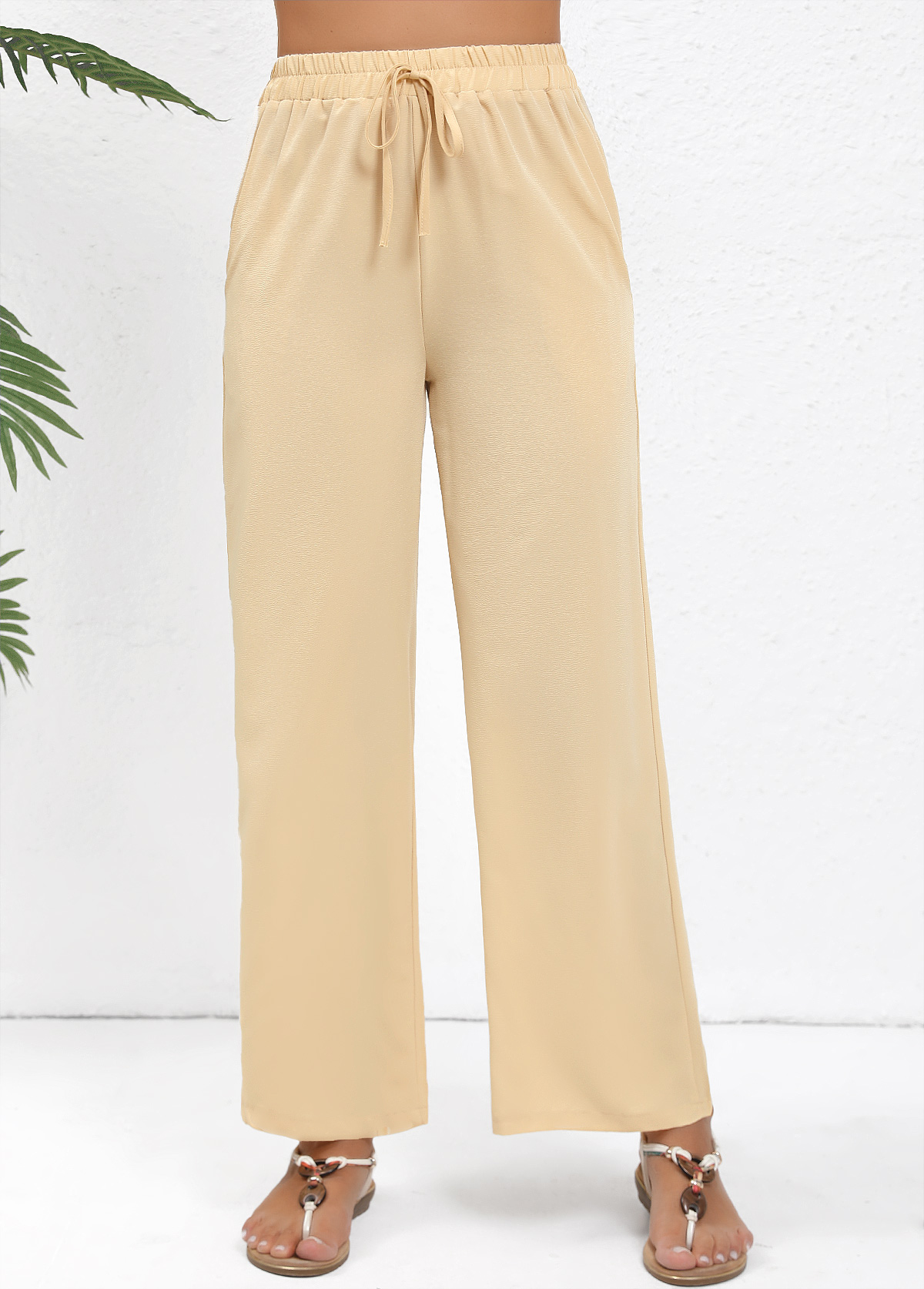 Light Coffee bottoms,Plain Color bottoms,Drawstring Light Coffee Straight Leg Elastic Waist Pants