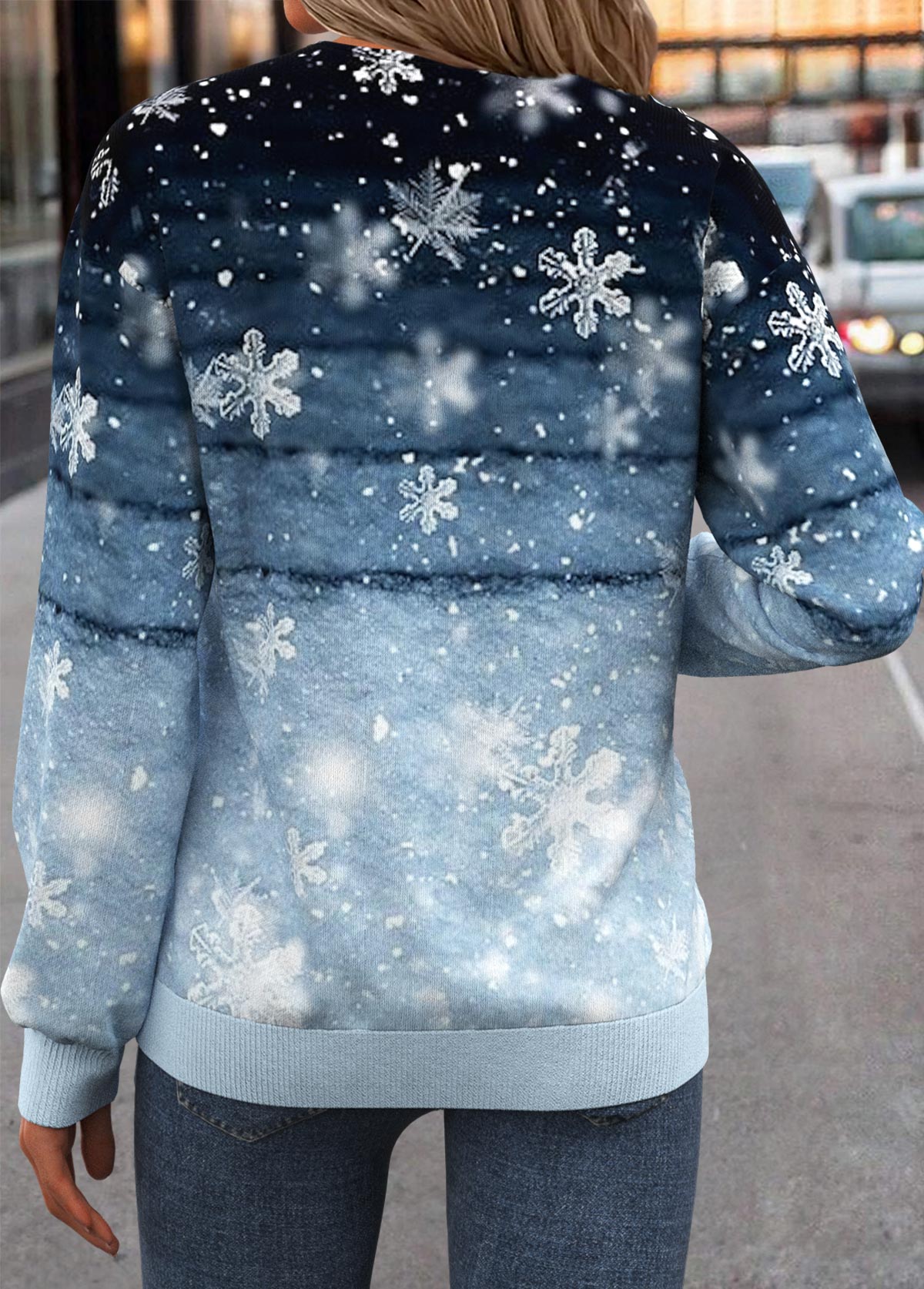 Dusty Blue tops,Christmas tops,ROTITA Lace Up Snowflake Print Dusty Blue Long Sleeve Sweatshirt