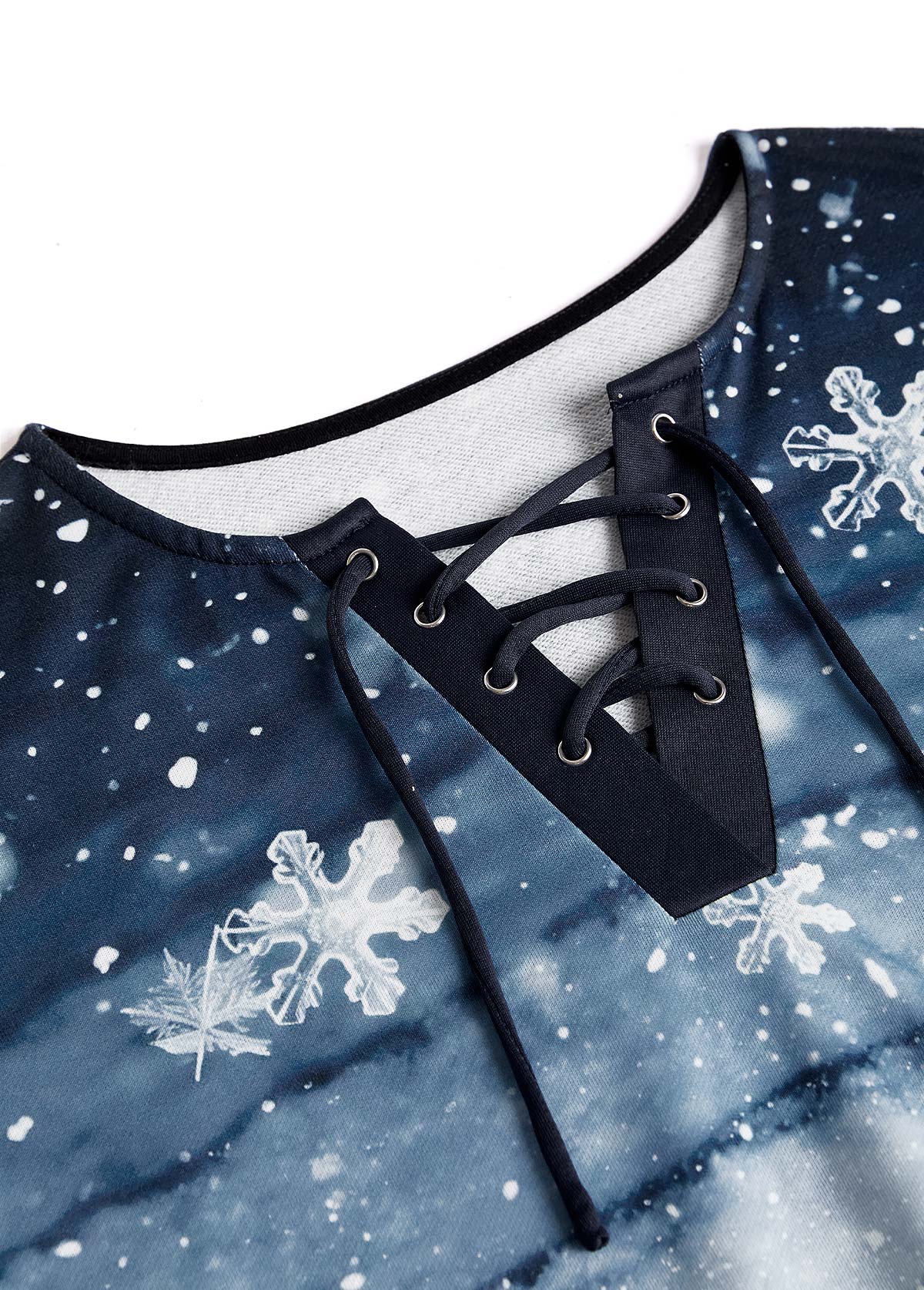Dusty Blue tops,Christmas tops,ROTITA Lace Up Snowflake Print Dusty Blue Long Sleeve Sweatshirt