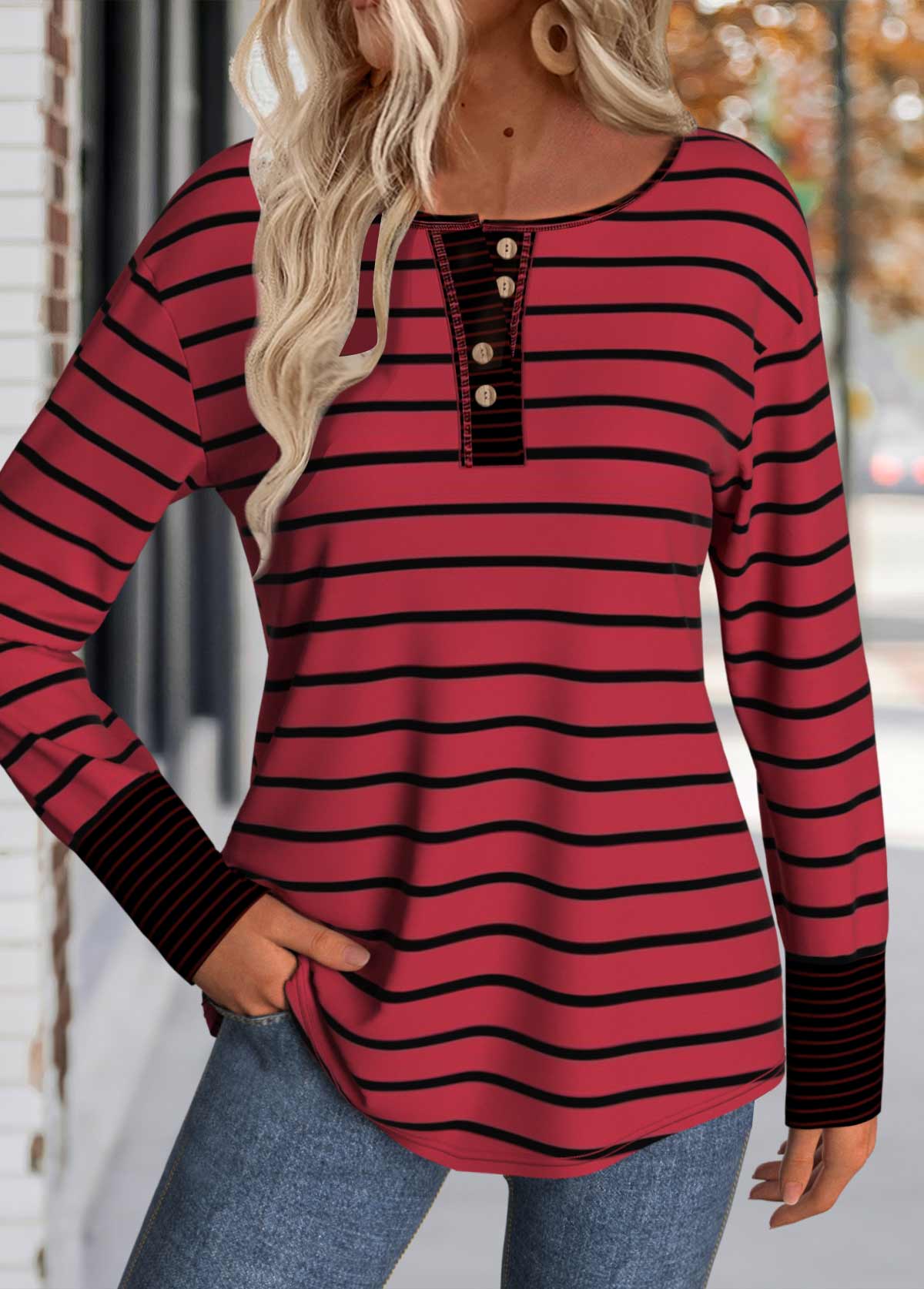 rotita patchwork rayé vin rouge t-shirt col rond