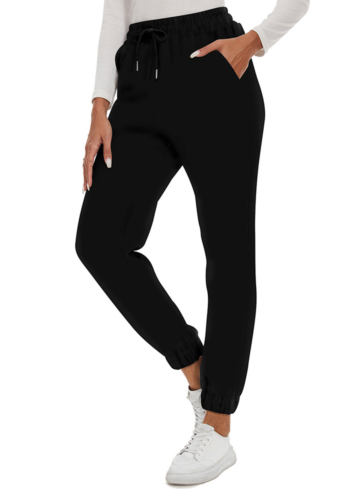 Black bottoms,Plain Color bottoms,Jogger Elastic Waist High Waisted Black Pants