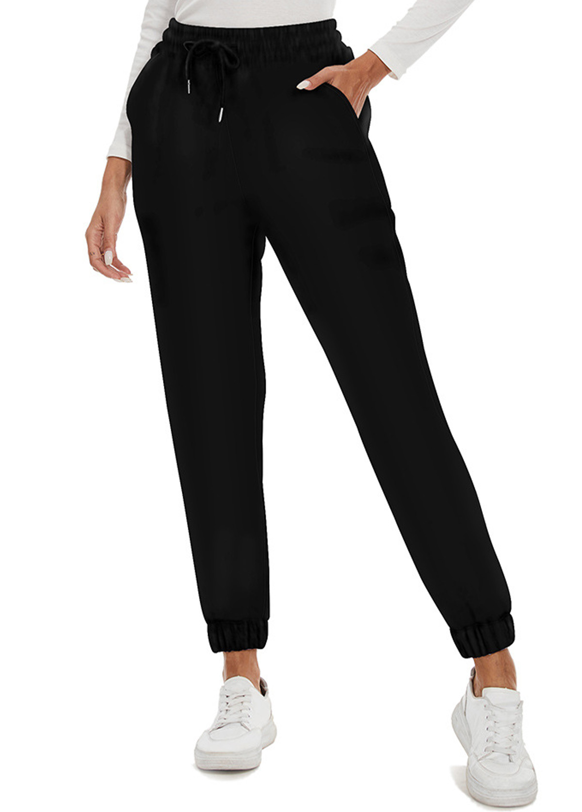 Black bottoms,Plain Color bottoms,Jogger Elastic Waist High Waisted Black Pants