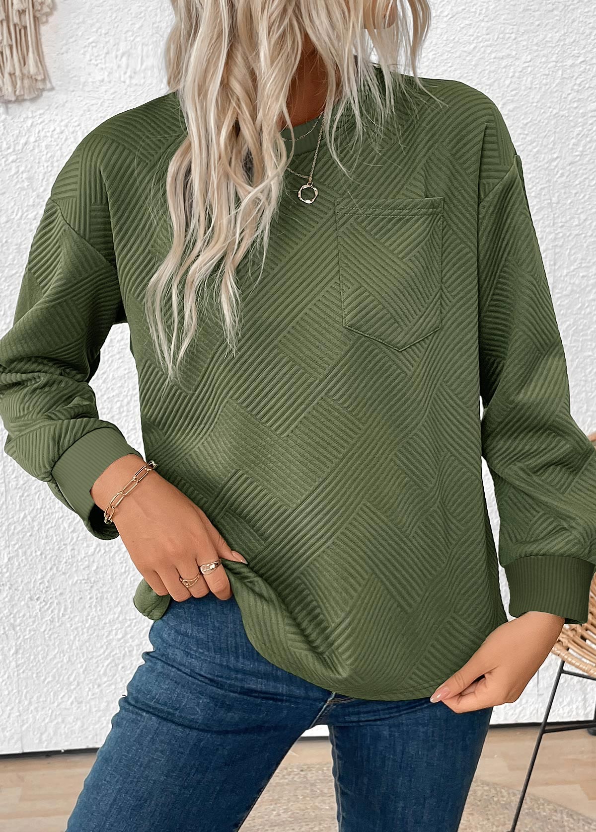 Olive Green tops,Plain Color tops,ROTITA Jacquard Olive Green Round Neck Long Sleeve Sweatshirt