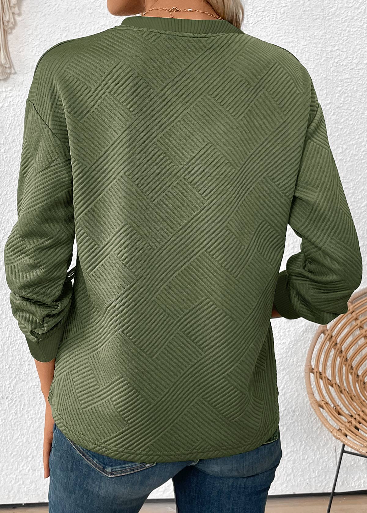 Olive Green tops,Plain Color tops,ROTITA Jacquard Olive Green Round Neck Long Sleeve Sweatshirt