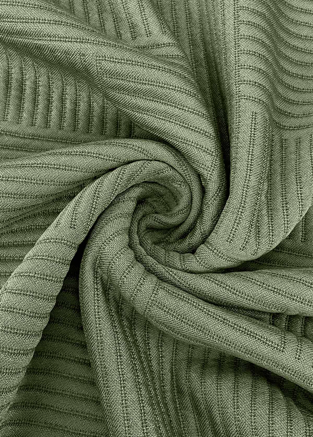 Olive Green tops,Plain Color tops,ROTITA Jacquard Olive Green Round Neck Long Sleeve Sweatshirt