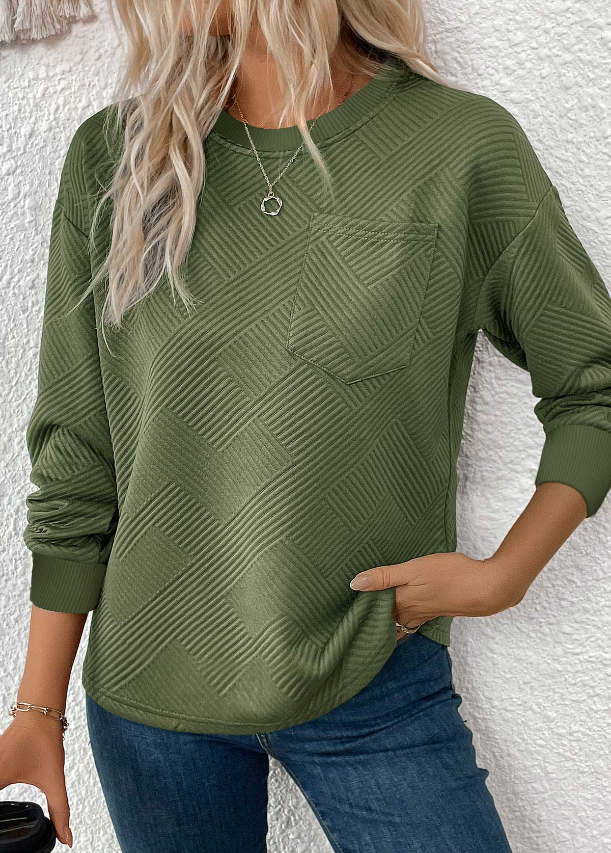 Olive Green tops,Plain Color tops,ROTITA Jacquard Olive Green Round Neck Long Sleeve Sweatshirt