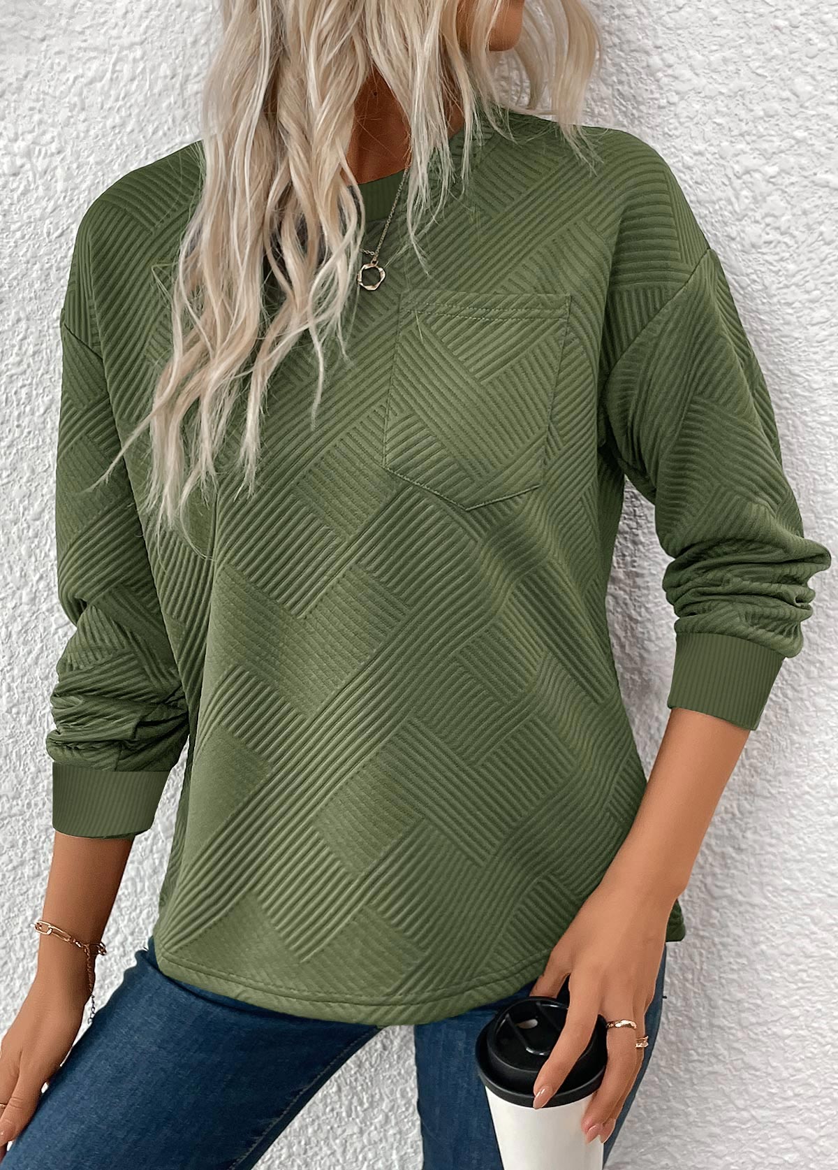 Olive Green tops,Plain Color tops,ROTITA Jacquard Olive Green Round Neck Long Sleeve Sweatshirt