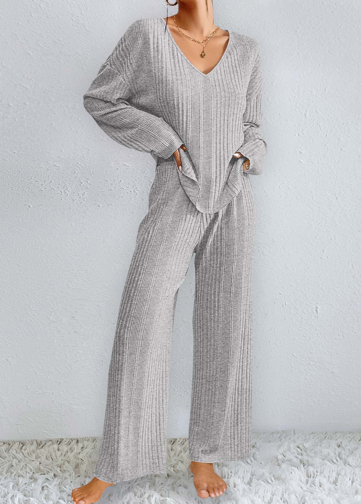 Grey loungewear,Plain Color loungewear,Grey V Neck Long Sleeve Lounge Top and Pants