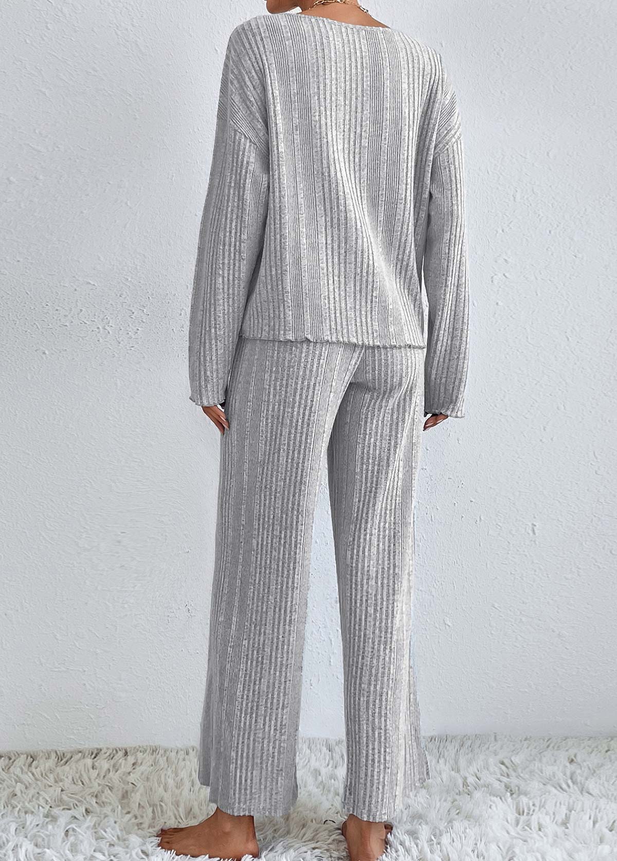 Grey loungewear,Plain Color loungewear,Grey V Neck Long Sleeve Lounge Top and Pants
