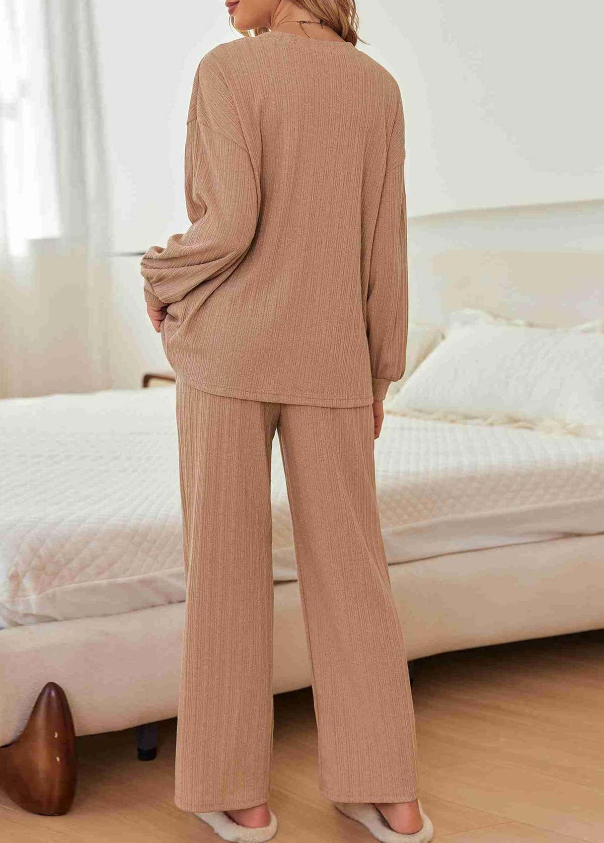Light Coffee loungewear,Plain Color loungewear,Light Coffee V Neck Lounge Top and Pants