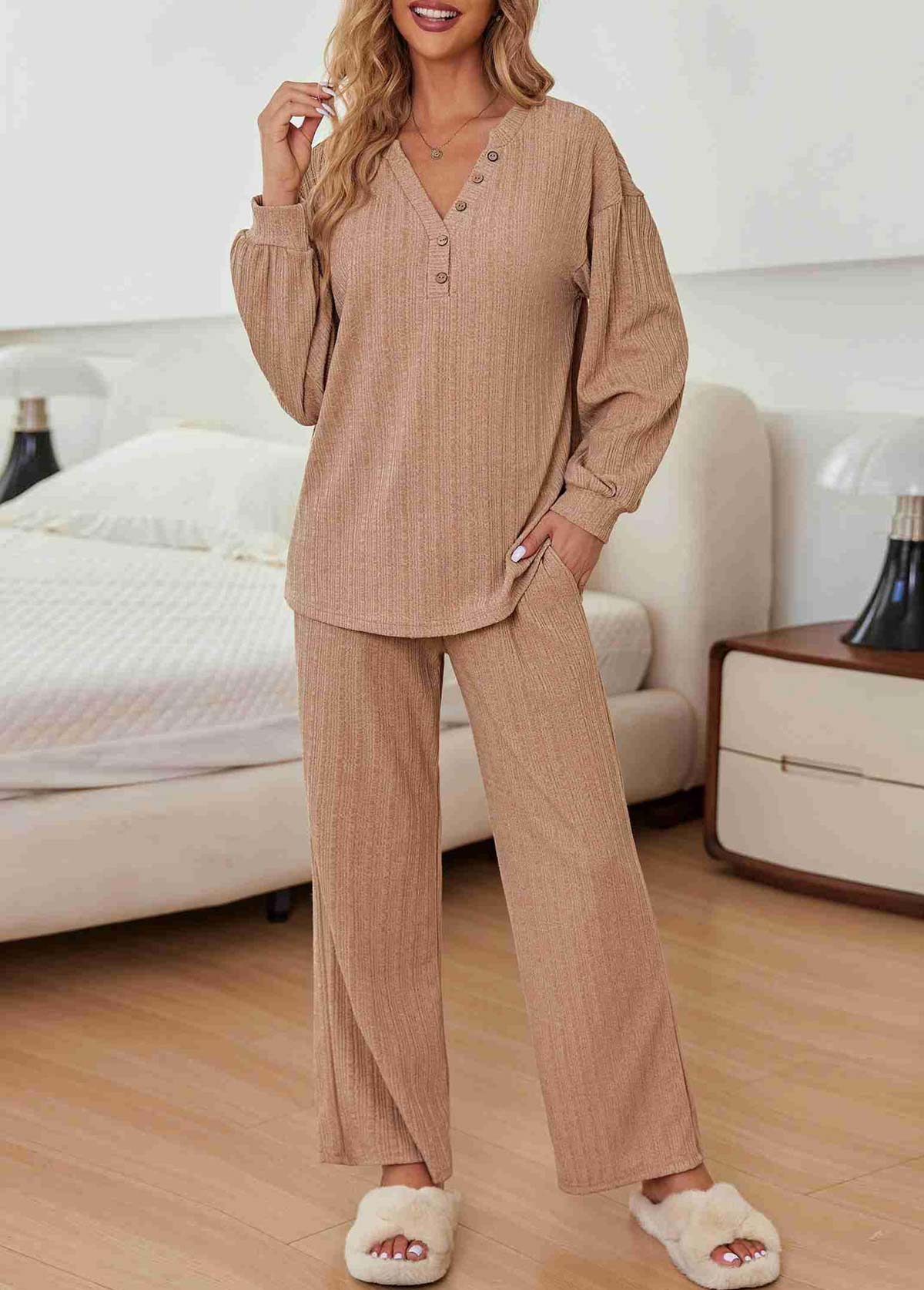 Light Coffee loungewear,Plain Color loungewear,Light Coffee V Neck Lounge Top and Pants