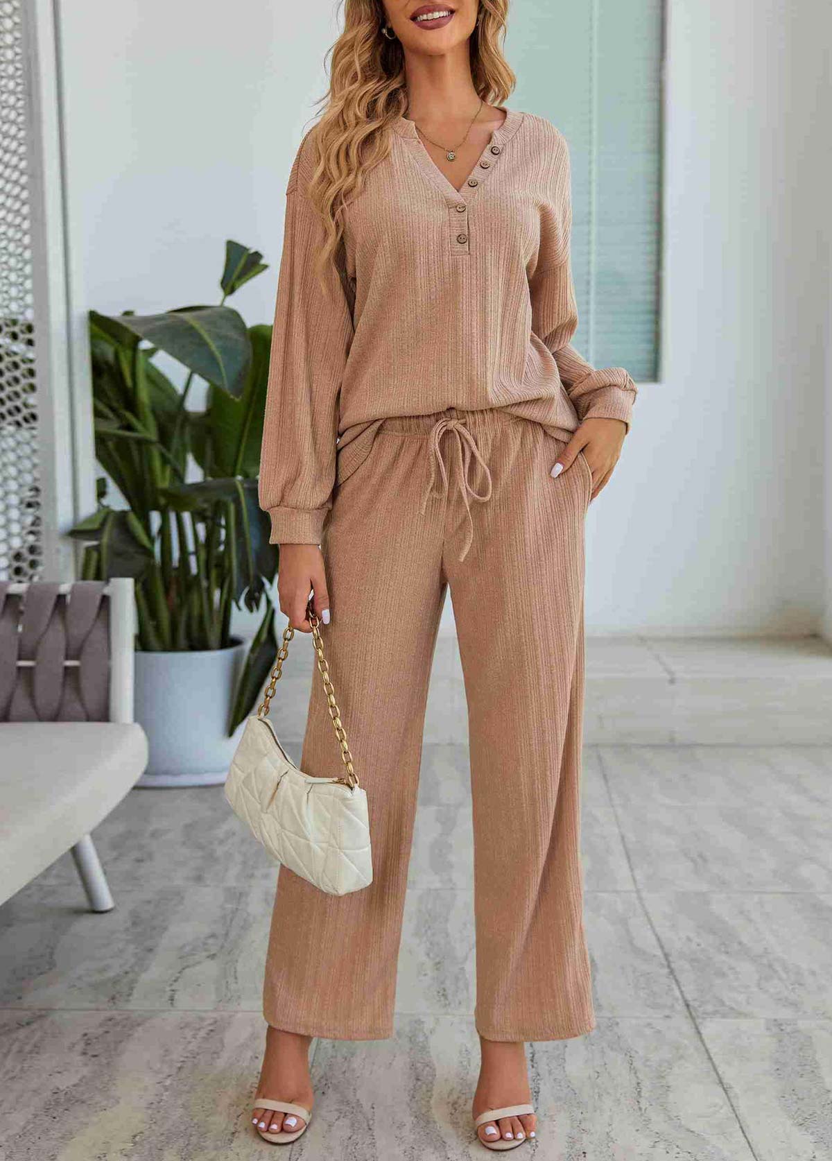 Light Coffee loungewear,Plain Color loungewear,Light Coffee V Neck Lounge Top and Pants