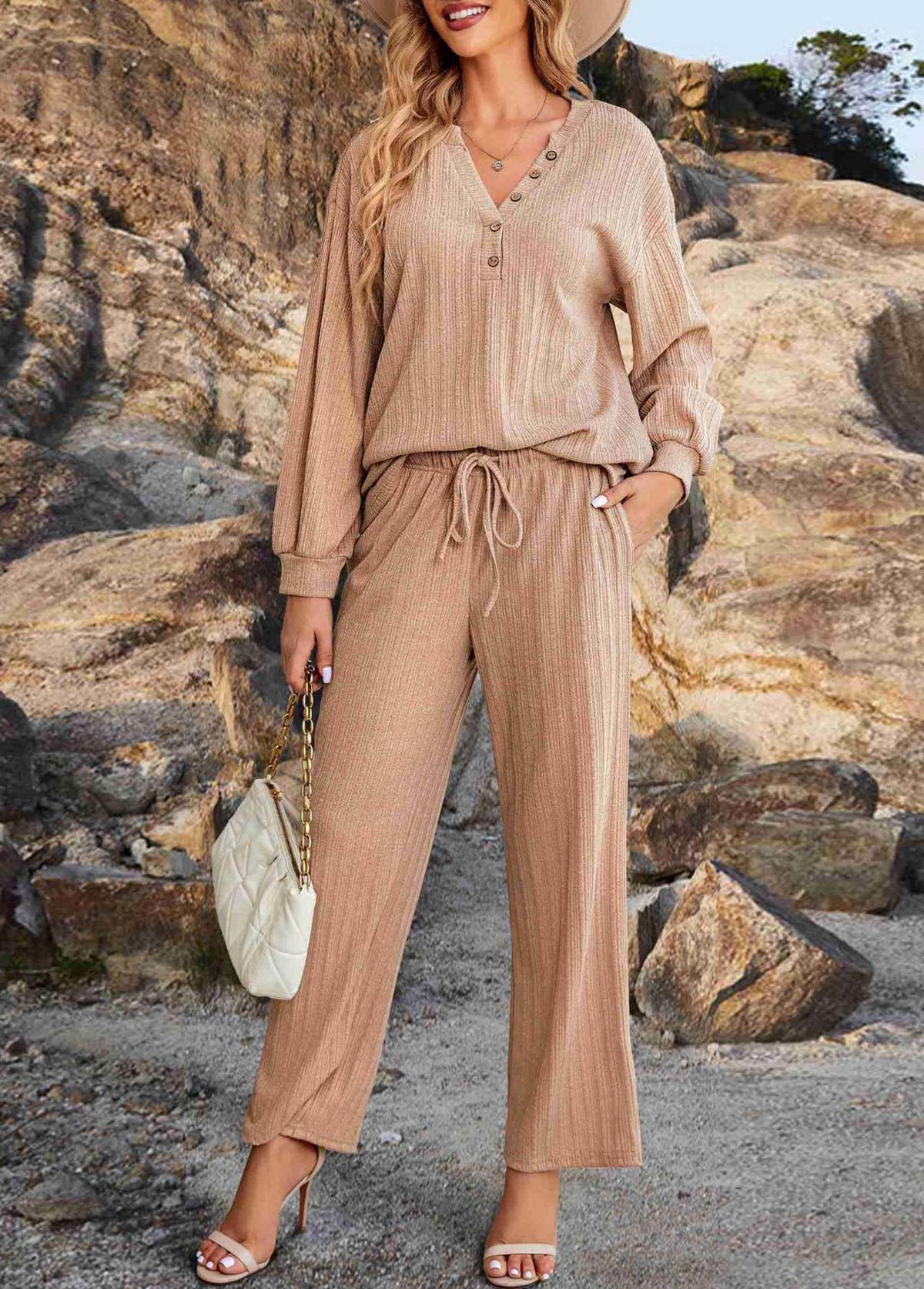Light Coffee loungewear,Plain Color loungewear,Light Coffee V Neck Lounge Top and Pants