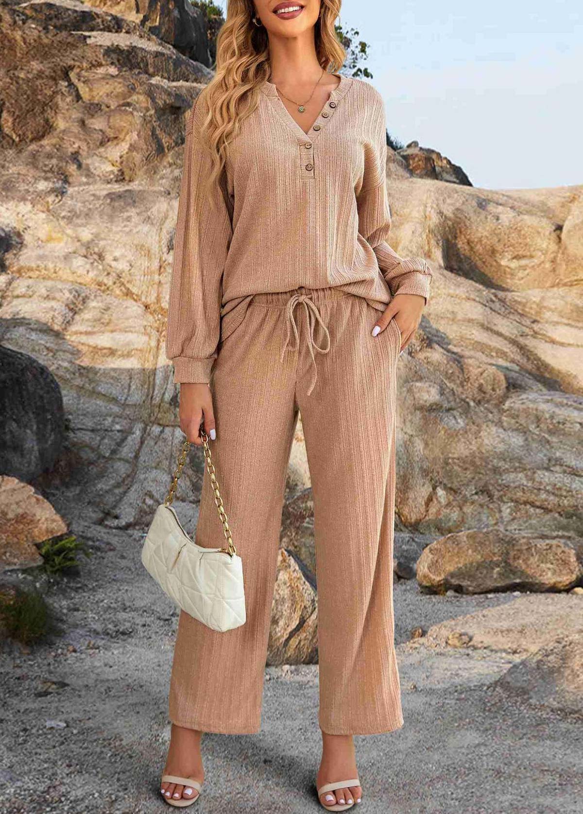 Light Coffee loungewear,Plain Color loungewear,Light Coffee V Neck Lounge Top and Pants