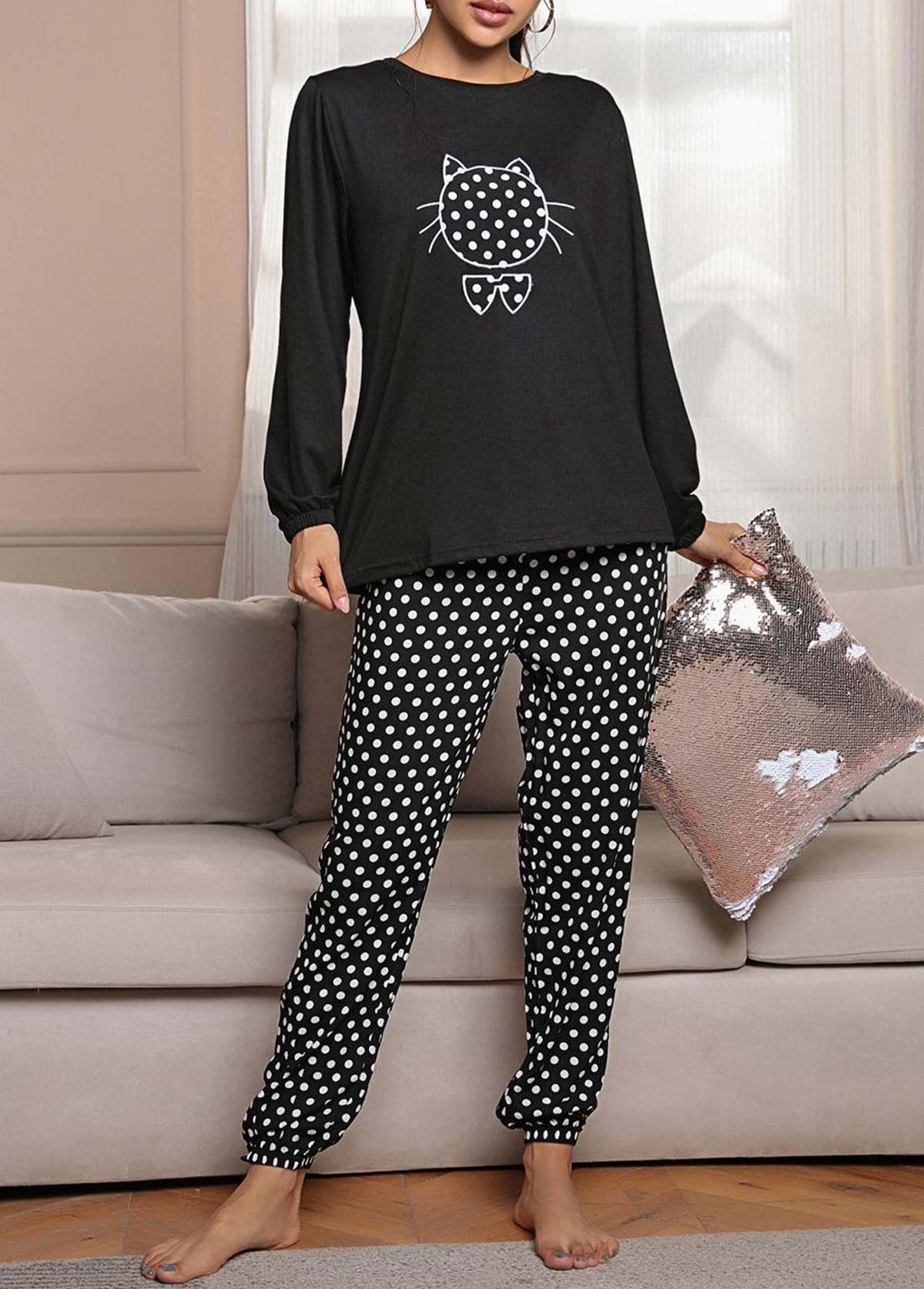 Black loungewear,Dot loungewear,Polka Dot Black Round Neck Lounge Top and Pants