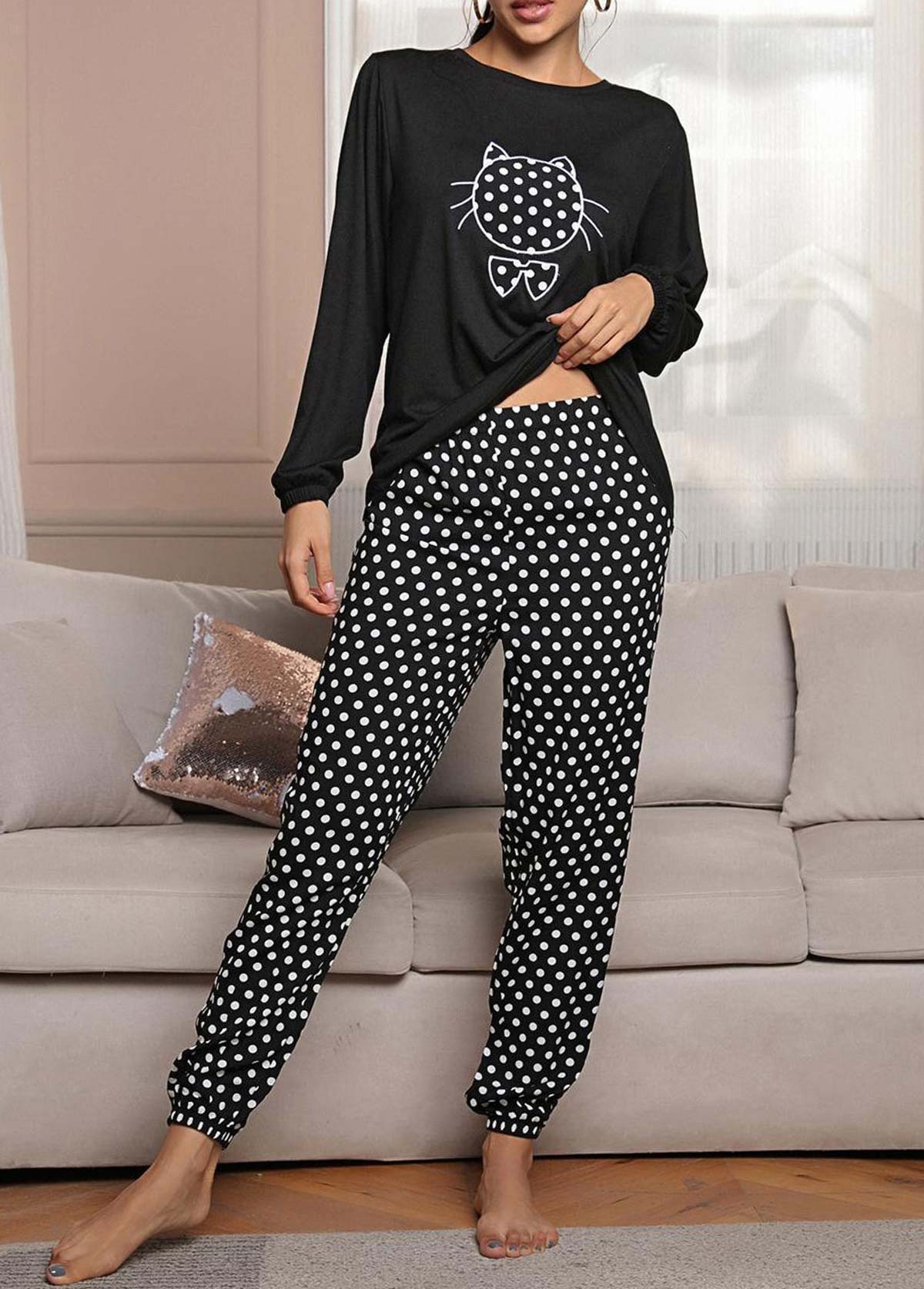 Black loungewear,Dot loungewear,Polka Dot Black Round Neck Lounge Top and Pants