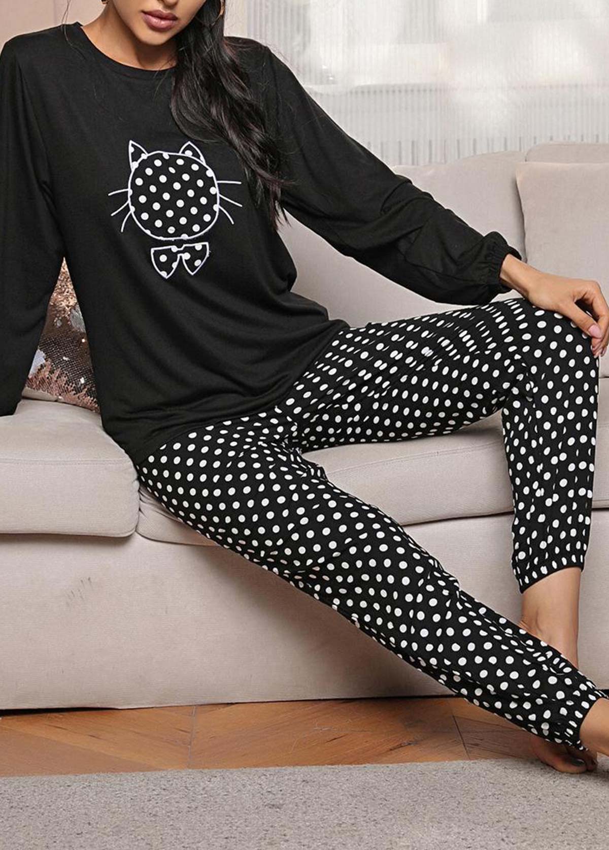 Black loungewear,Dot loungewear,Polka Dot Black Round Neck Lounge Top and Pants
