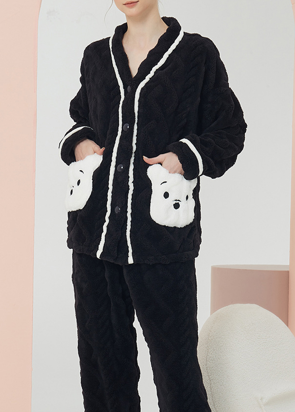 Black loungewear,Contrast Color loungewear,Black V Neck Long Sleeve Lounge Top and Pants