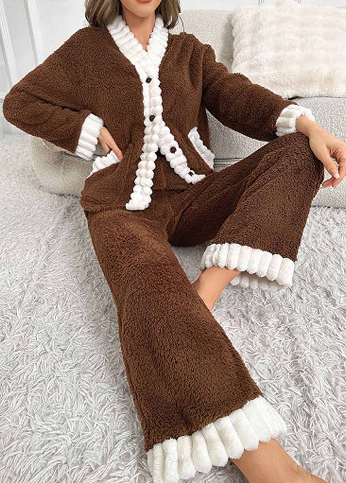 Dark Coffee loungewear,Contrast Color loungewear,Dark Coffee V Neck Lounge Top and Pants