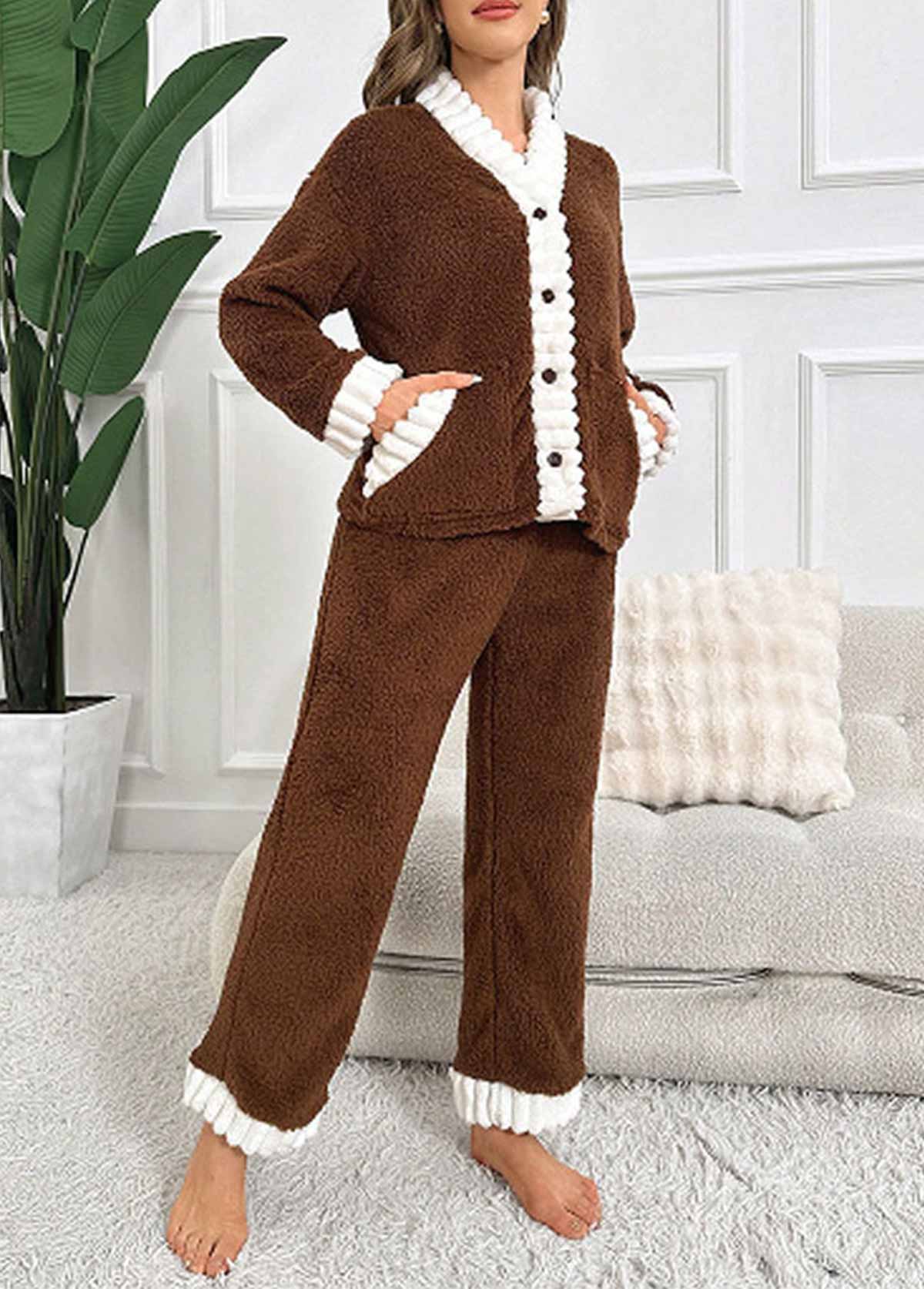 Dark Coffee loungewear,Contrast Color loungewear,Dark Coffee V Neck Lounge Top and Pants