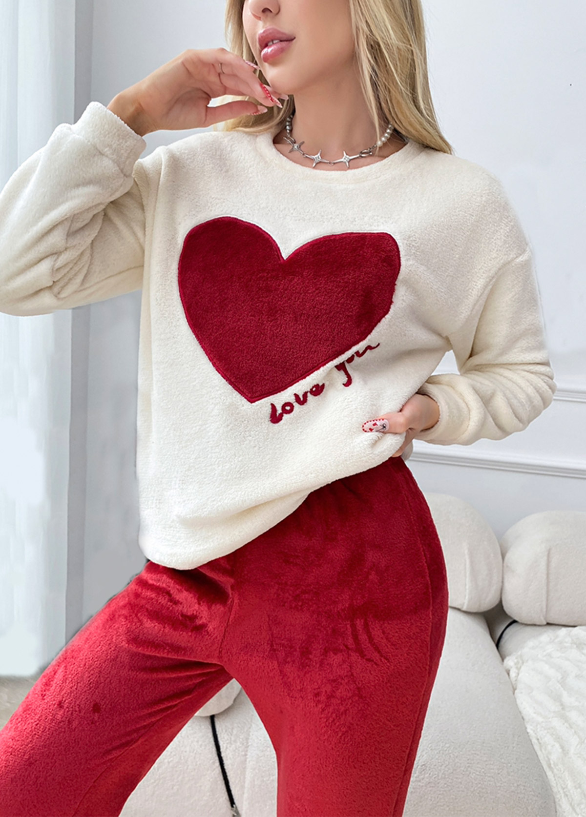 Red loungewear,Heart loungewear,Heart Print Red Round Neck Lounge Top and Pants