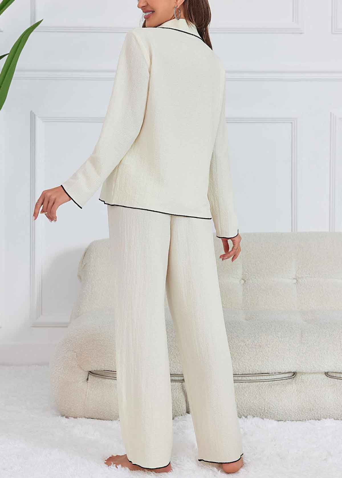 White loungewear,Contrast Color loungewear,White Turn Down Collar Lounge Top and Pants