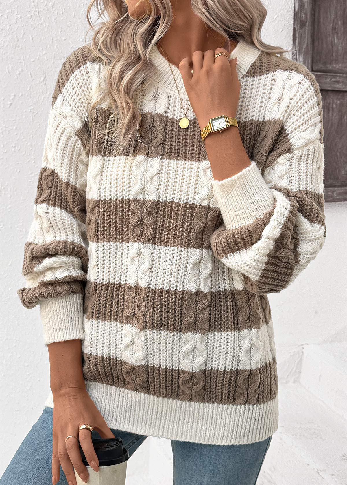 Dark Coffee tops,Striped tops,Geometric tops,Weave Striped Dark Coffee Round Neck Long Sleeve Sweater