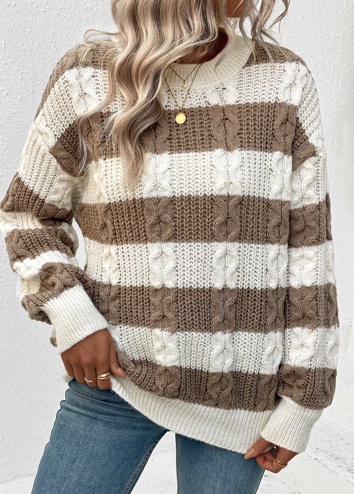 Dark Coffee tops,Striped tops,Geometric tops,Weave Striped Dark Coffee Round Neck Long Sleeve Sweater