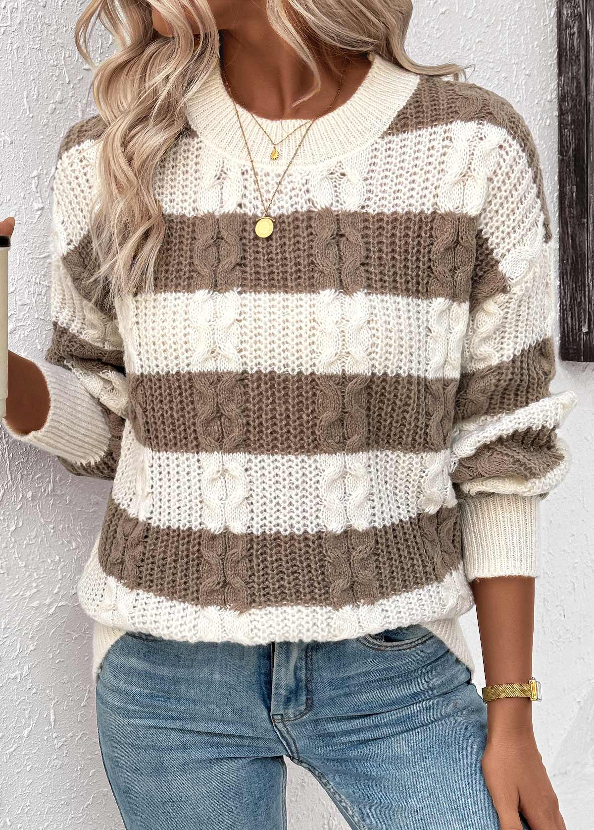 Dark Coffee tops,Striped tops,Geometric tops,Weave Striped Dark Coffee Round Neck Long Sleeve Sweater