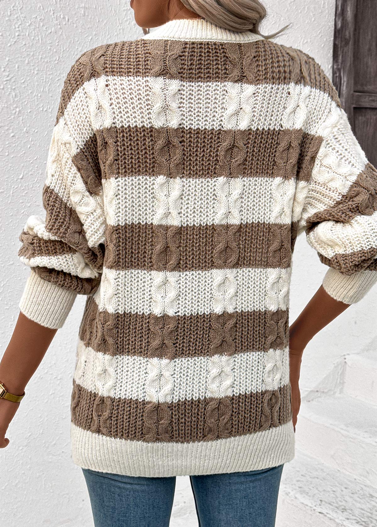 Dark Coffee tops,Striped tops,Geometric tops,Weave Striped Dark Coffee Round Neck Long Sleeve Sweater