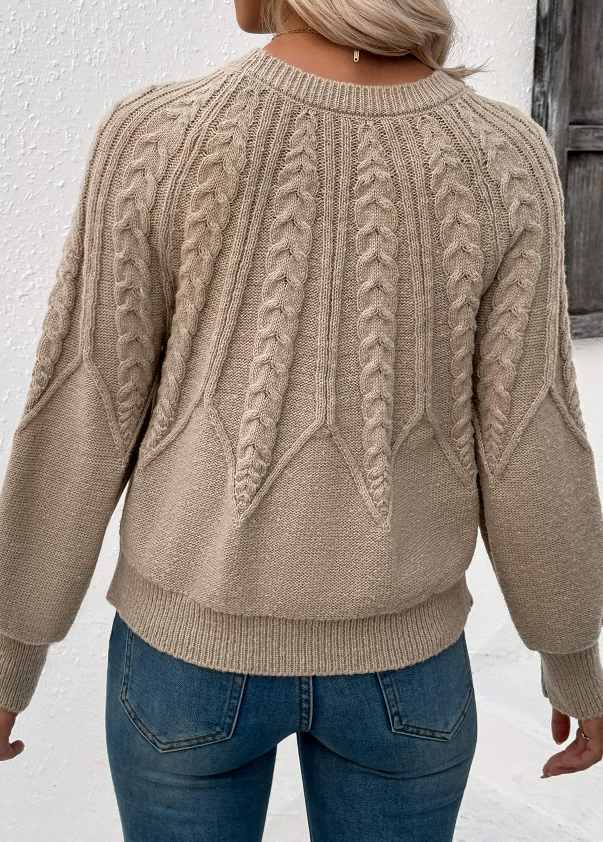 Light Camel tops,Plain Color tops,Light Camel Round Neck Long Sleeve Sweater