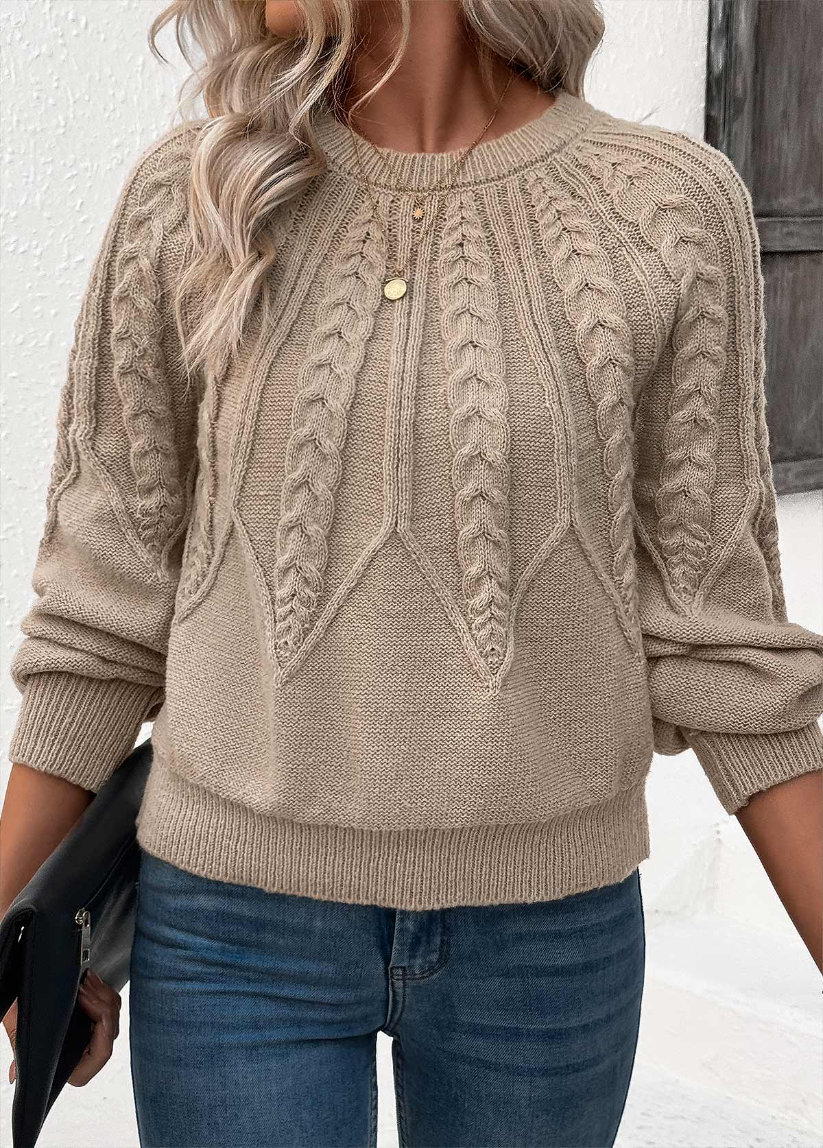 Light Camel tops,Plain Color tops,Light Camel Round Neck Long Sleeve Sweater