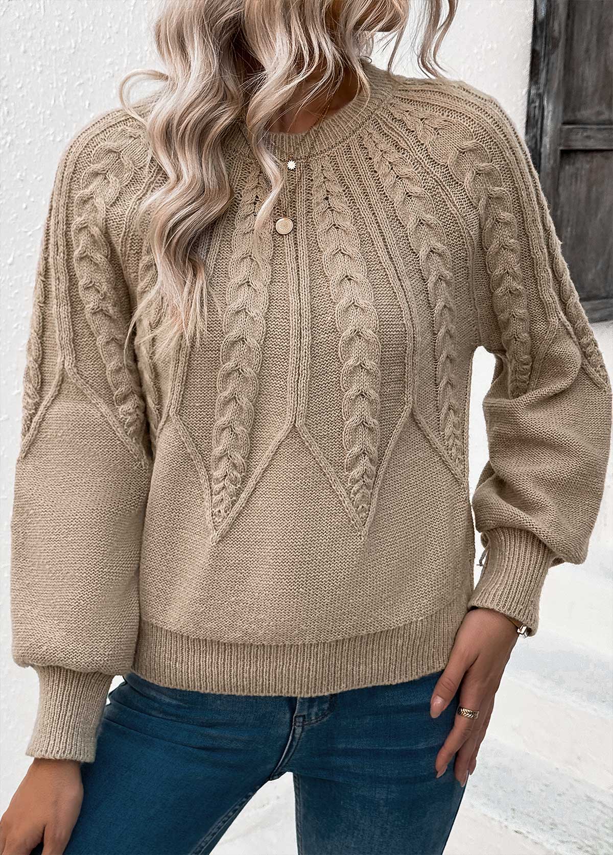 Light Camel tops,Plain Color tops,Light Camel Round Neck Long Sleeve Sweater