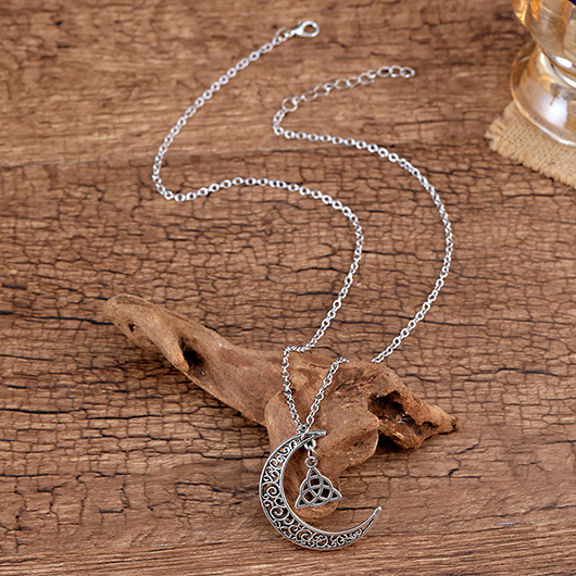 Silver jewelry,Moon Silver Hollow Alloy Detail Necklace